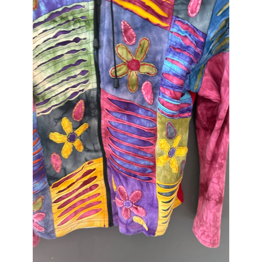 India Boutique Womens Patchwork Tie Dye Floral Boho Hippie Zip Up Hoodie Rainbow - Picture 3 of 7